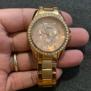 Fossil Women's Rose Gold-Tone Watch with Crystal Bezel